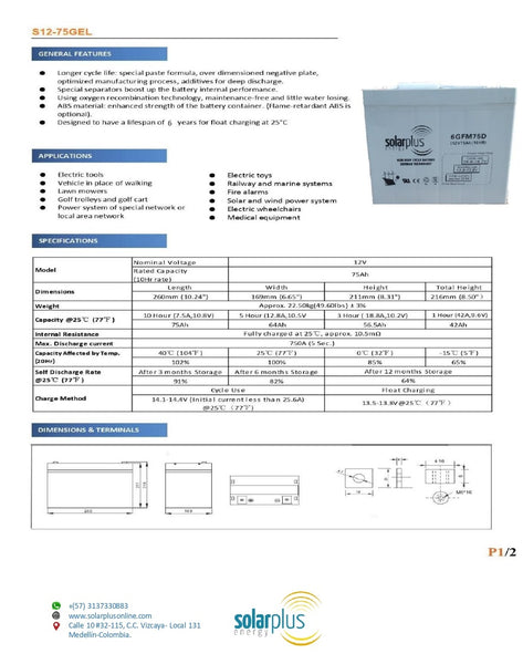 BATERIA EN GEL 12V 75A CICLO PROFUNDO